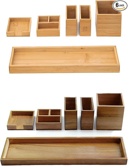 Bamboo & Wood Vanity Tray, 6-Piece Bathroom Countertop Vanity Tray Set, Makeup Kitchen Desk Organizer and Storage - Holds Small Items