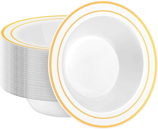 50 Pack Disposable Soup Bowls with Gold Rim, 12oz Premium Heavy Duty Plastic Dinner Bowls for Party, Wedding and Holiday