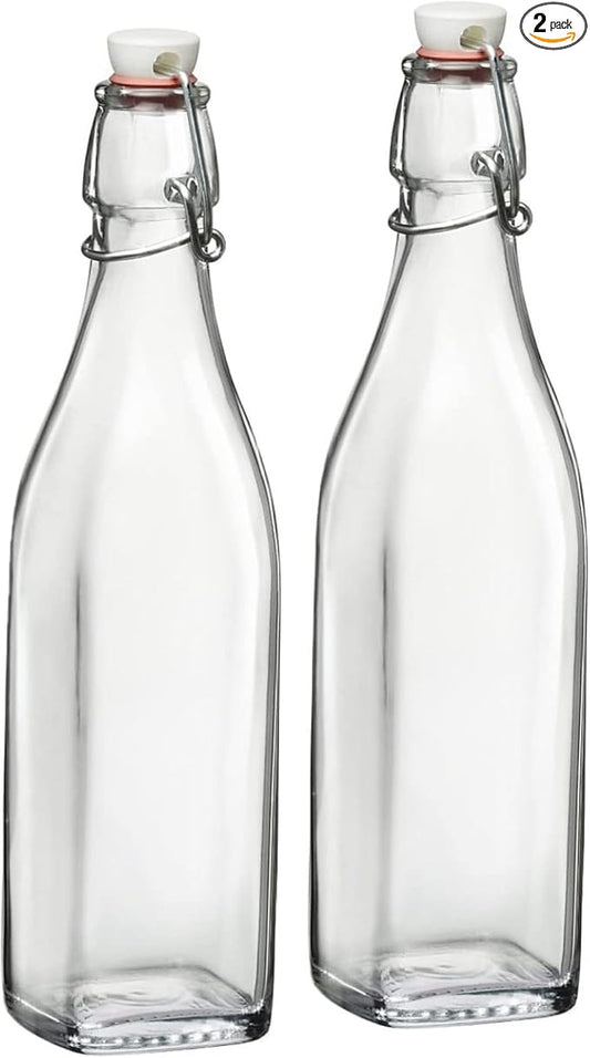 Bormioli Rocco Swing Top Glass Bottle (Set of 2) - 17 oz Reusable Container with Secure Metal Clasp, Ideal for Homemade Juices, Oil Infusions, Condiments, Mixers - Everyday Drinking Glasses