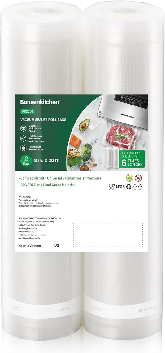Bonsenkitchen Vacuum Food Sealer Rolls Bags, 2 Packs 8 in x 20 ft, BPA Free, Durable Commercial Customized Size Bags for Storage and Sous Vide Cooking,VB3206