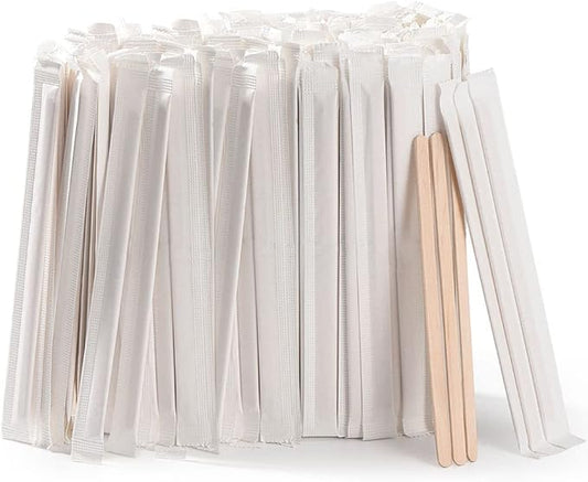 MFJUNS 500pcs Individually Wrapped Wooden Coffee Stirrers - 5.5" Coffee Stir Sticks, Round End Disposable Stir Sticks, For Coffee, Cocktail and Hot Drinks