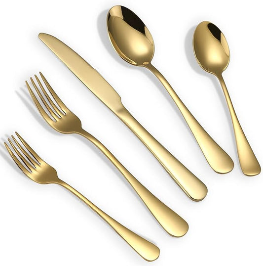Briout Gold Silverware Set, 20 Piece Golden Cutlery Set Service for 4, Stainless Steel Flatware Set Include Spoons Forks Knives Tableware Utensil Set for Kitchen Home Restaurant, Shiny Gold Polished