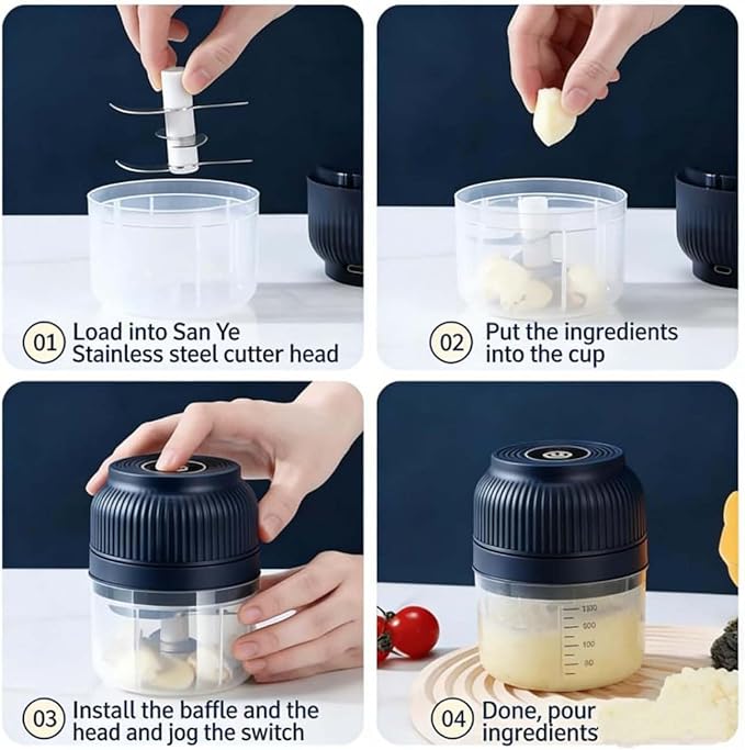 Household Electric Garlic Crusher, Electric Garlic Chopper, Mini Portable Veggie Chopper with 4/6 Stainless Steel Blades, Wireless Rechargeable Food Cutter for Garlic, Onion, Chili (2PCS-C,250ML)