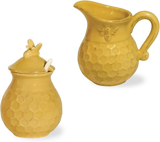 Boston International Embossed Stoneware Cream and Sugar Set, 2-Piece Set, Honeycomb