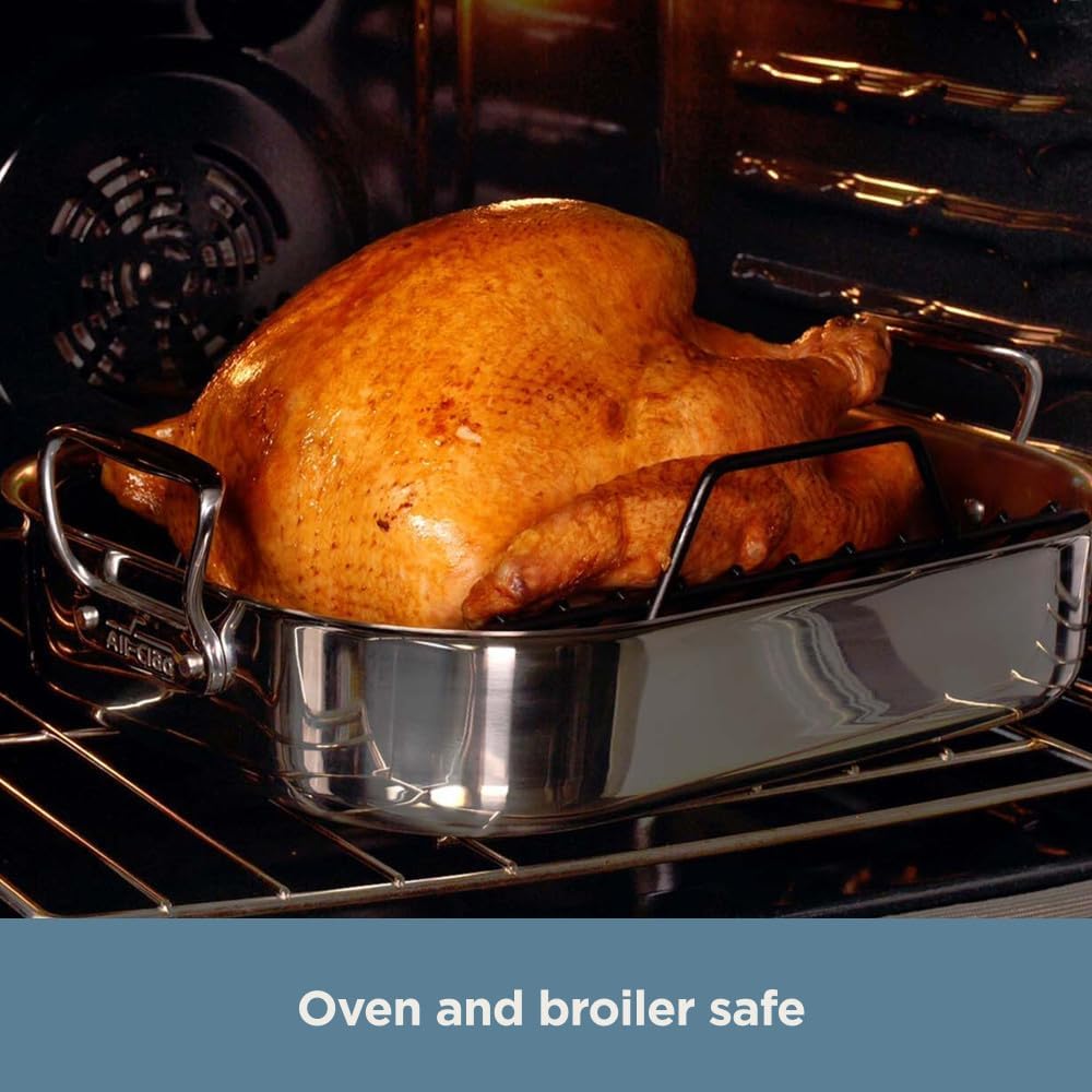 All-Clad Specialty Stainless Steel Roaster and Nonstick Rack 16x13x5 Inch Oven Broiler Safe 600F Roaster Pan, Pots and Pans, Bakeware, Turkey, Silver