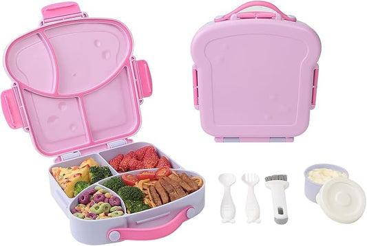 Bento Lunch Box for Kids - Toast-Shaped 4-Compartment Lunchable Food Container with Sauce Cup, Utensils & Brush, BPA-Free, Reusable Snack Container with lid, Ideal for School & Travel - Purple