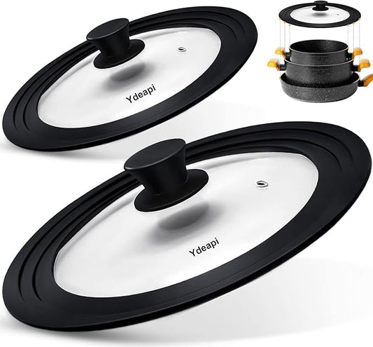 Ydeapi Universal Lids for Pots, Pans & Skillets - Fits 7", 8" & 9" Diameter, 10", 11" & 12" Diameter Cookware, Tempered Glass with High Heat Resistant Silicone Rim (2PK)