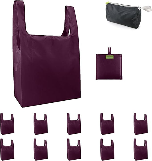 BeeGreen Burgundy Reusable Grocery Bags with Zipper Storage Pouch 10 Packs Wine Red Reusable Shopping Bags Bulk Foldable-Machine Washable