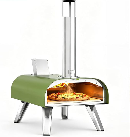 BIG HORN 12" Multi-Fuel Outdoor Pizza Oven – 3-in-1 Wood-Fired, Gas & Electric Compatible (Burners Sold Separately), Pellet Pizza Oven Portable Pizza Maker for Backyard, Camping & Tailgating, Green