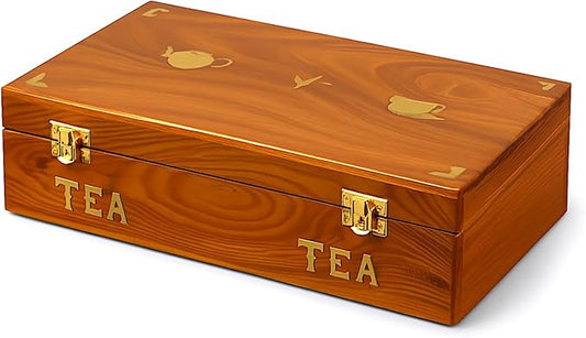 Wooden Tea Bag Storage Box – Sheesham Rosewood Tea Organizer with Brass Inlay, 8‑Compartment Tea Chest, Handcrafted Tea Box for Tea Lovers, Home Décor & Gifts