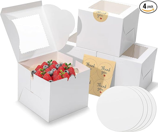 4pcs 6 Inch Cake Boxes with Sticks and Boards for Cookies, Small Cakes, Mini Desserts, Bento, and Bakery, Cupcake Box for Birthday, Party, Wedding, Mother's Day, Christmas（6x6x5 inch）