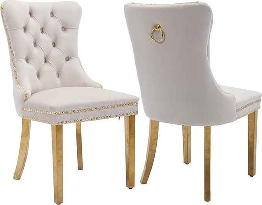 Beige Velvet Dining Room Chairs Set of 2, Upholstered Dining Chairs with Back Ring Pull Trim and Golden Stainless Steel Legs,Modern Kitchen Chairs for Dining Room,Living Room,Kitchen(Beige)
