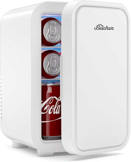 BEICHEN Mini Fridge,6 Liter / 8 Can Small Fridge for Bedroom, Car, Office & Dorm, 110V AC/DC Portable Thermoelectric Cooler & Warmer for Skincare, Food, Drinks, White