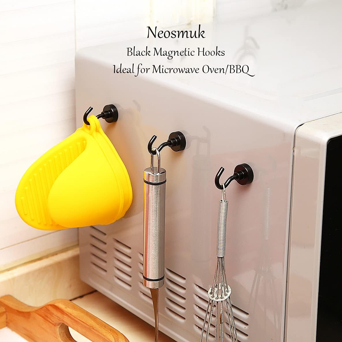 Neosmuk Black Magnetic Hooks,30lb+ Heavy Duty Earth Magnets with Hook for Refrigerator, Extra Strong Cruise Hook for Hanging, Magnetic Hanger for Curtain, Grill (Black, 15 Pack)