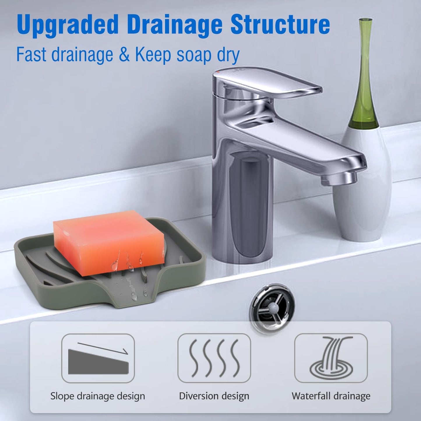 3-Pack Silicone Soap Dish Bar Soap Holder, Self Draining Soap Tray for Shower, Bathroom, Kitchen, Bathtub (Grey)