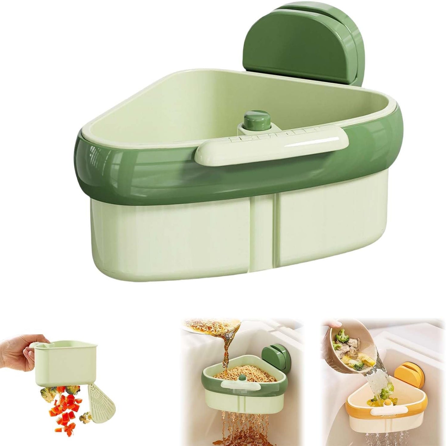 Corner Sink Strainer,2025 New Suction Cup Press Sink Strainer Basket,Automatic Dumping food Waste Catcher for Sink,Faucet Sponge Storage Rack,Corner Sink Trash Catcher for Food Waste (Green 1PCS)