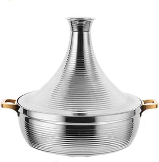 Stainless Steel Moroccan Tagine Pot, Large Moroccan Tajine Casserole with Cone-Shaped Lid, Non Stick Tagine Cooking Pot with 2 Handles(26cm/10.2in, Silver)