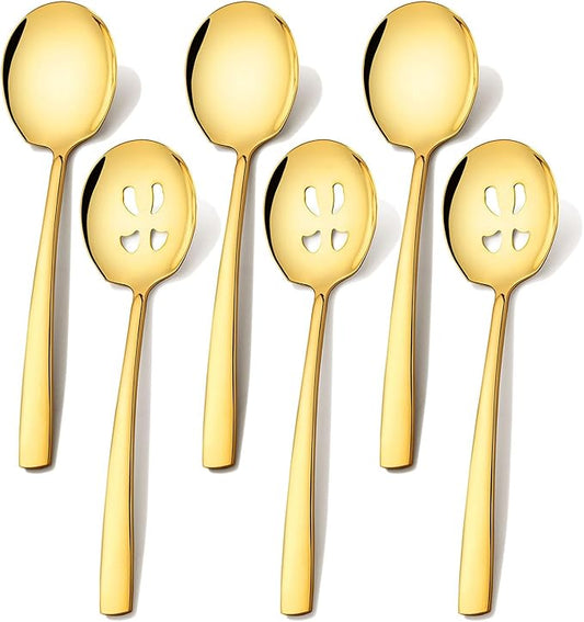 Extra Large Serving Spoons Set 11.7-Inch Gold Serving Slotted Spoon x 3 Serving Spoon x 3, 18/8 Stainless Steel Big Serving Utensil for Buffet, Parties, Catering - Dishwasher Safe(6-Pack, Gold)