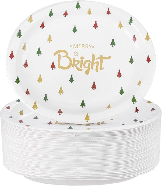 WDF 100 Pack Christmas Paper Plates - 10" x 12"Disposable Christmas Plates Disposable with Christmas Trees-Large Oval Paper Plates Heavy Duty- Party Plates for Christmas