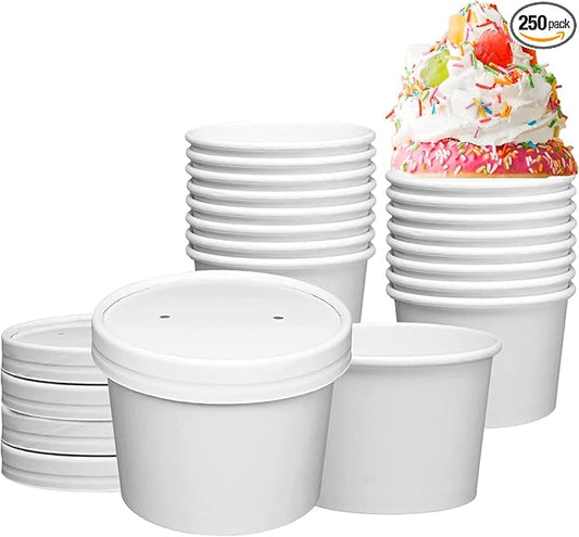 [250 Sets White Paper Food Containers With Vented Lids, To Go Hot Soup Bowls, Disposable Ice Cream Cups (12oz)