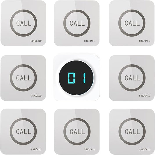 SINGCALL Restaurant Pager System Waiter Calling System Pagers and Beepers for Kitchen,Fast Food,Hotel,Restaurants,Cafe,Bar to Call Waiters 8 Waterproof Wireless Call Buttons 1 Number Display Receiver