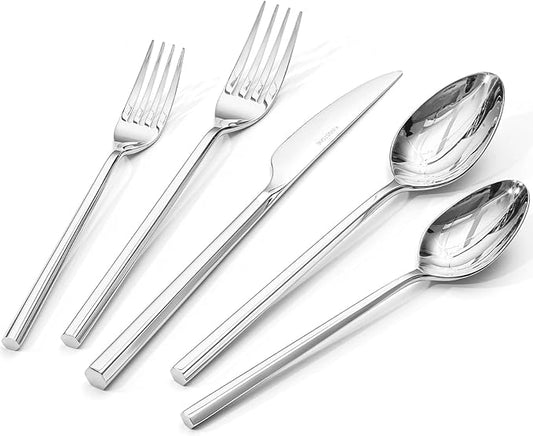 KINGSTONE 5-Piece Silverware Set, 18/10 Stainless Steel Flatware Cutlery Set with Hexagon Handle, for Hotel, Home, Party, Wedding Gift, Mirror Polish and Dishwasher Safe