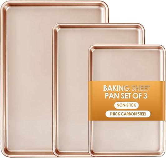 Baking Sheet Pan Set of 3, Commercial Cookie Sheets for Baking, Nonstick Half/Quarter/Jelly Roll Pans Replacement Toaster Oven Tray, Heavy Duty & Easy Clean, Rose Gold