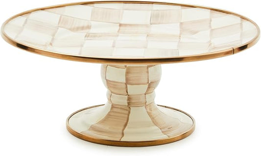 MACKENZIE-CHILDS Enamel Pedestal Platter, Round Cake Stand, Large, Brown-and-White Mocha Check