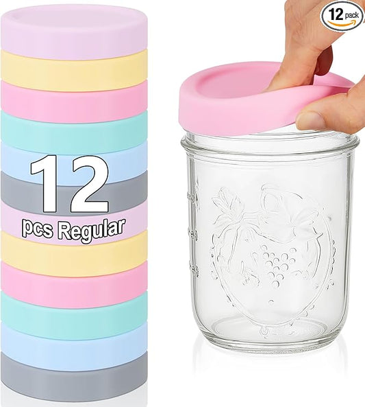 Teenyyou 12 Pcs Silicone Regular Mouth Lids Mason Jar Lids Thickened Leak Proof Lid for 70 mm All regular mouth Mason Jars, Reusable Large Canning Jar Caps (Macaron)