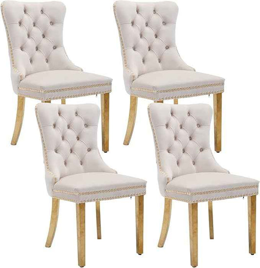 Beige Velvet Dining Chairs Set of 4, Upholstered Dining Room Chairs with Back Ring Pull Trim and Golden Stainless Steel Legs,Modern Kitchen Chairs for Dining Room,Living Room,Kitchen(Beige)