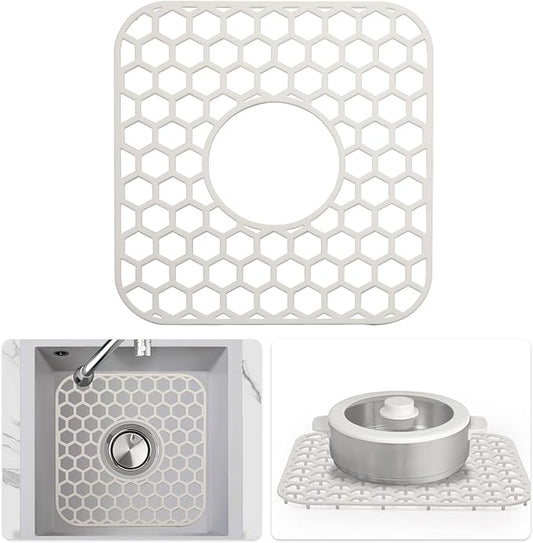 Bestjing Silicone Sink Protectors for Kitchen Sink - 12" x 11" Kitchen Grid Accessory, Non-Slip Heat-Resistant Mat for Bottom of Porcelain Stainless Steel, Dishwasher Safe (White)