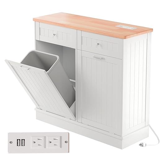 Betterhood Double Tilt Out Trash Cabinet with Power Outlet, 10 Gallon Trash Cabinet with Storage,Pet Proof Trash Can with 2 AC & USB Sockets for Kitchen,Living Room (White, Double Door)