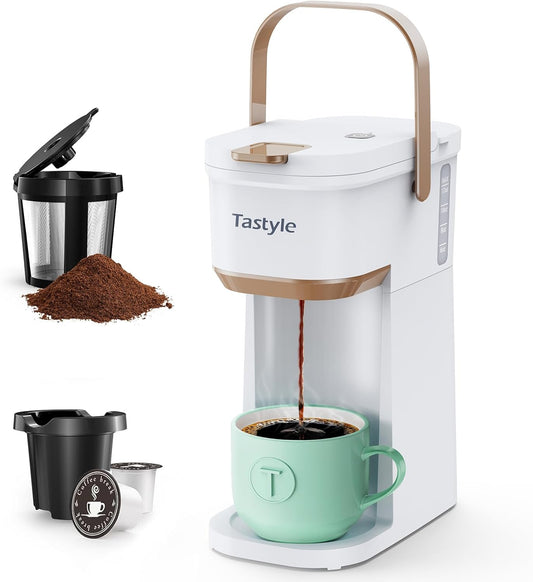 Single Serve One Cup Coffee Maker, for K Cups and Grounds, Mini Coffee Maker with Portable Handle, 6 to 12 Oz Brew Size, for Travel, Camping, Office, RV and Dorm, 120V, White and Brown