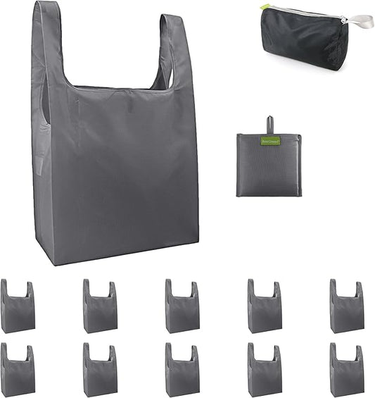 BeeGreen Grey Reusable Grocery Bags with Zipper Storage Pouch 10 Packs Gray Reusable Shopping Bags Bulk Foldable-Machine Washable