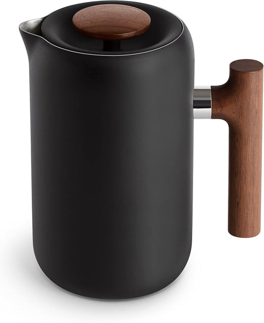 Fellow Clara French Press Coffee Maker - Portable Stainless Steel Coffee Press, Insulated Manual Brewer, Matte Black with Walnut, 24 oz Carafe