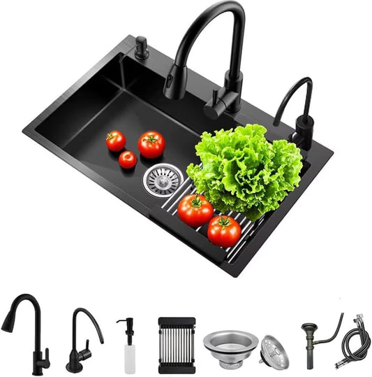 Black Drop in Kitchen Sink, Stainless Steel Single Bowl Sink with 3 Holes, Topmount Workstation Sink, Farmhouse Rectangle Basin with Multiple Accessories (19.7 * 17.7 * 7.9in)