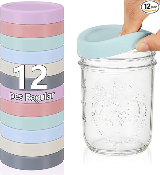 Teenyyou 12 Pcs Silicone Regular Mouth Lids Mason Jar Lids Thickened Leak Proof Lid for 70 mm All regular mouth Mason Jars, Reusable Large Canning Jar Caps(Morandi)