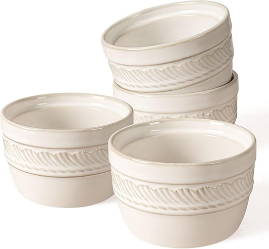 Artena Ramekins Oven Safe, Creme Brulee Ramekins, Embossed White Ceramic Ramiken, Souffle Pudding Custard Cups, Baking Dish, Dipping Bowls, Sauce Cups, Set Of 4 (Willow Leaf, 4 oz)