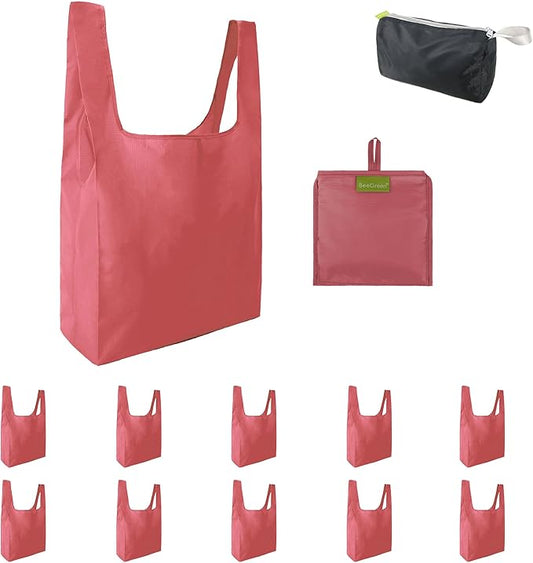 BeeGreen Pink Reusable Grocery Bags with Elastic Band Pink Reusable Shopping Bags Bulk 50LBS X-Large Foldable-Machine Washable-Heavy Duty 10 Pieces