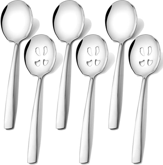 Extra Large Serving Spoons Set 11.7-Inch Serving Slotted Spoon x 3 Serving Spoon x 3, 18/8 Stainless Steel Big Serving Utensil for Buffet, Parties, Catering - Dishwasher Safe(6-Pack, Silver)