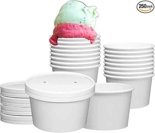 [250 Sets White Paper Food Containers With Vented Lids, To Go Hot Soup Bowls, Disposable Ice Cream Cups (8oz)