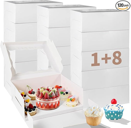 Bento Cake Box With Cupcakes, Clear Window 9 Holes Bento Combination,6 Sets: Cookie Boxes Fit 8 Regular Cupcake and Mini Cakes, Christmas Wedding Birthday Party (White/clear, 1+8/6pcs)