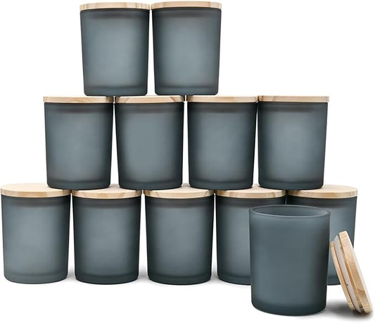 Thick Candle Jars for Making Candles 12 Pcs, 7 OZ Empty Jars with Wood Lids for Candle Making, Sample Container, Frosted Grey