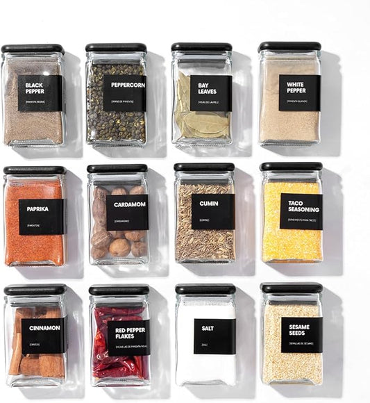 APT 1101 Glass Storage Jars with Bamboo Lid, glass canisters with airtight lids, Clear jars with lids for Spice, Cookie, Candy, Tea, Coffee Bean and Rice (Black, Spice Jar Set (4 oz, set of 12))