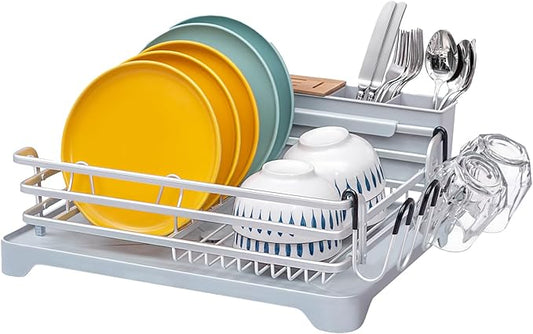 BRIAN & DANY Aluminum Dish Drying Rack, Dish Racks for Kitchen Counter, Dish Drainer with Removable Cutlery Holder & Cup Holder, 16.5" L x 11.8" W, Light Grey