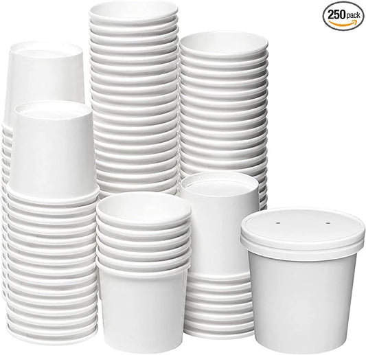 [250 Sets White Paper Food Containers With Vented Lids, To Go Hot Soup Bowls, Disposable Ice Cream Cups (16oz)