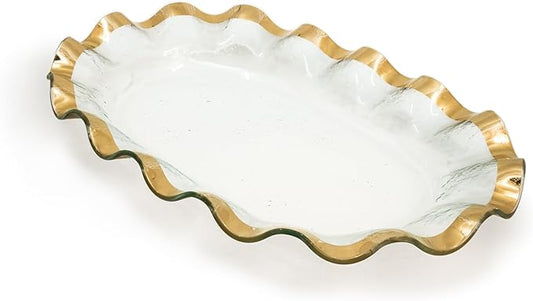 Annieglass Ruffle 19 x 12 Inch Large Shallow Oval Bowl with 24k Gold, Timeless Glass Tableware for all Occasions, Made in the USA