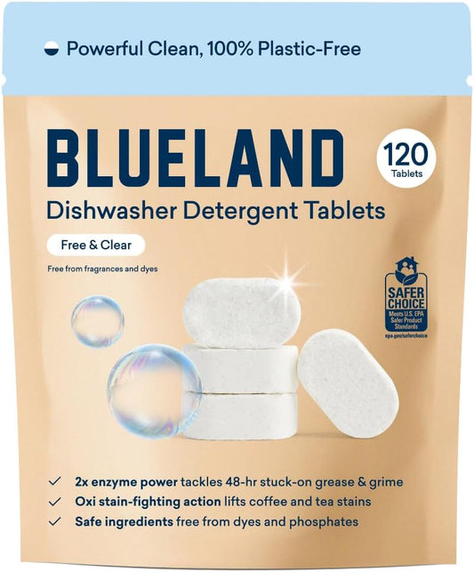 BLUELAND Dishwasher Detergent Tablets, 120 Count, Unscented 100% Plastic-Free Eco Friendly Dishwashing Pods, Natural, Sustainable