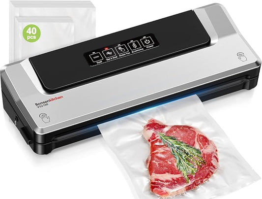 Bonsenkitchen Vacuum Sealer Machine with 40 Bags | Compact Food Sealer for Kitchen Storage & Meal Prep | Multiple Modes | External Vacuum System, Silver