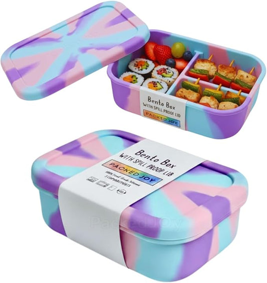 Silicone Lunch Box for Adults & Kids, 40oz Bento Box | 3 Compartments, Leak-Proof Design, 100% Food-Grade Silicone | Microwavable & Portable For All Occasions (5.7x8.5in, Purple)